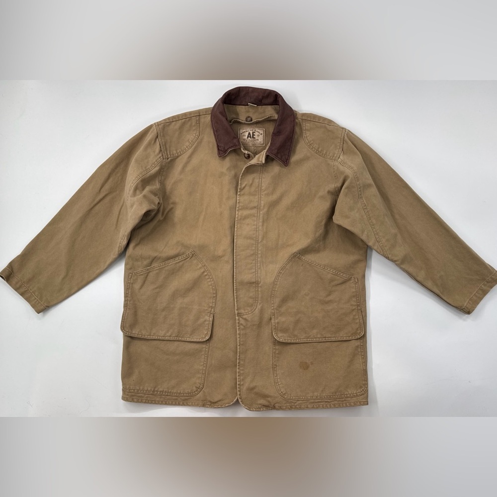 American Eagle Mens Chore Barn Coat Canvas Leather Collar Tan Button Medium